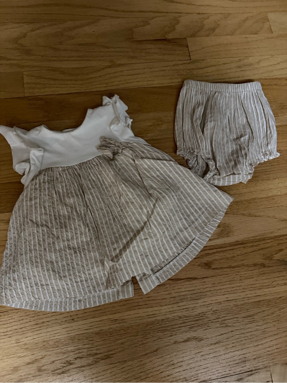 Mayoral White with Beige-Stripe Dress and Bloomers